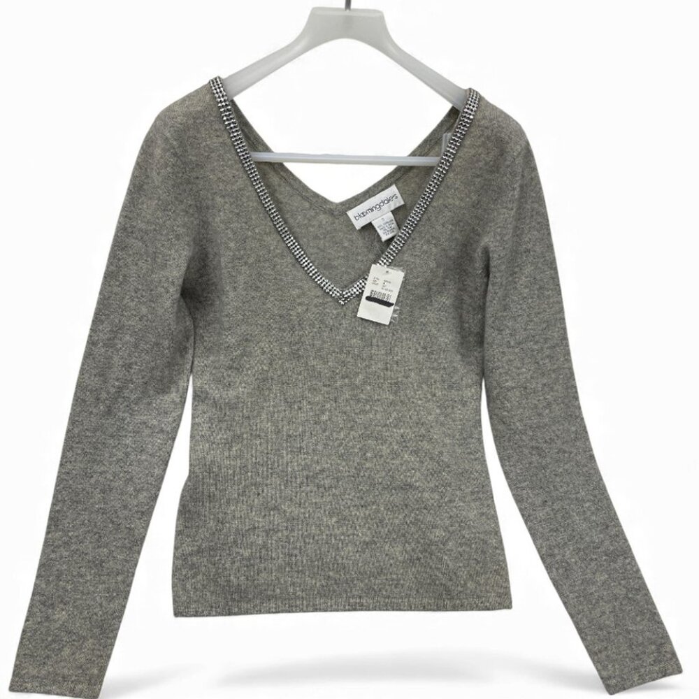 BLOOMINGDALE'S Cashmere Gray V-Neck Sweater Beaded Rhinestone Women's S NEW